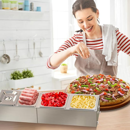 Pizza Topping Station for Grill Cart, Universal Condiment Serving Container for Outdoor Grill Stand, Stainless Steel Seasoning Containers with Lid, 4 Compartment Trays for Prepping Ingredients