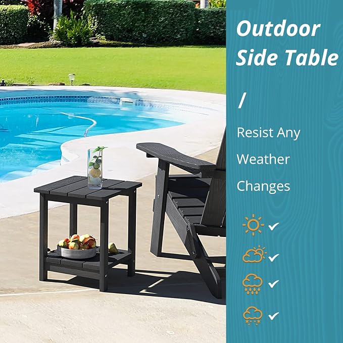 LUE BONA Outdoor Side Table, 2-Tier HDPS Small Patio Table, Black | 2-Tier Shelf for Extra Storage, Small End Table for Pool, Porch, Balcony, Weather Resistant HDPS, Easy Clean