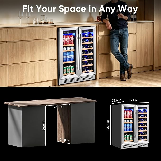 24 Inch Built-in Wine and Beverage Refrigerator Dual Zone | Under Counter Wine Fridge with Glass Door, Digital Touch Panel with °C/°F Switch, Low Noise Cooling for Kitchen, Home Use