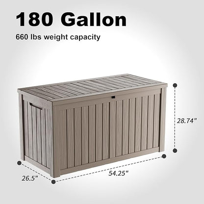 180 Gallon Large Outdoor Storage Box Waterproof, UV Resistant Resin Deck Box with Hydraulic Rod for Patio Furniture,Garden Tools,Cushions, Easy to Install（Grey）