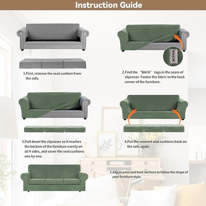 WEERRW 4 Pieces Couch Cover for Sofa Velvet Slipcovers, Greyish Green | Washable Sofa Covers for 3 Cushion Couch Furniture Protector Sofa Slipcover with Non Slip Elastic Bottom, Pet Friendly, Large