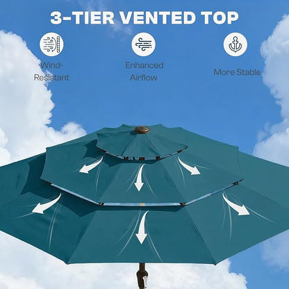10ft 3 Tier Patio Umbrella, Outdoor Market Table Umbrella with UPF 50+ Vented Canopy, 8 Sturdy Ribs, Easy Push Button Tilt and Crank, Windproof for Deck, Pool, Backyard and Garden