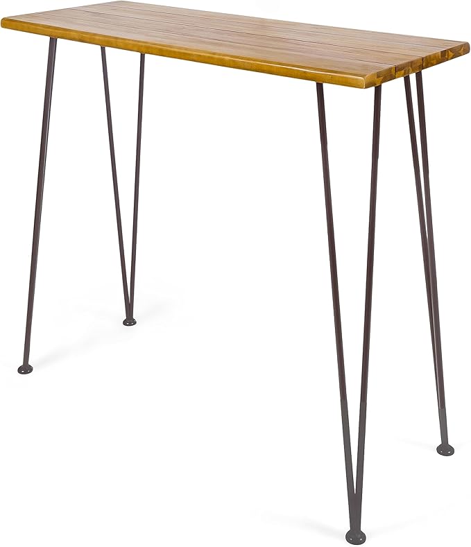 Christopher Knight Home Denali Ouotdoor Industrial Acacia Wood Bar Table with Iron Frame, Teak Finish / Rustic Metal