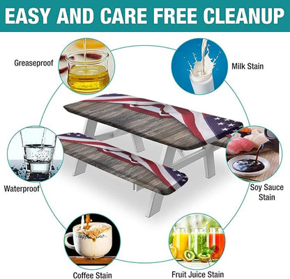4th of July Picnic Fitted Tablecloth with Benches Covers, American flag on wood background Fitted Tablecloth Cover Oil Proof Elastic Edge for Outdoor, Garden, Camping, 72x28 In, 3 Pieces Set, Brown