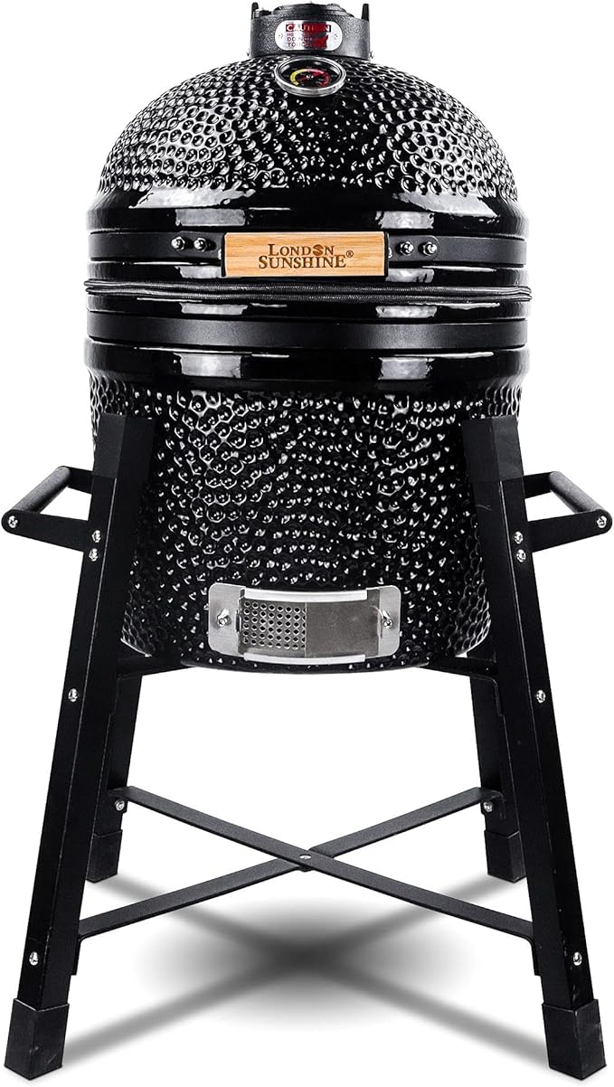 London Sunshine Ceramic Kamado Charcoal BBQ Grill and Smoker, Stainless Steel Grates -15" Ceramic with Tall Stand (BLACK)