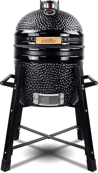 London Sunshine Ceramic Kamado Charcoal BBQ Grill and Smoker, Stainless Steel Grates -15" Ceramic with Tall Stand (BLACK)
