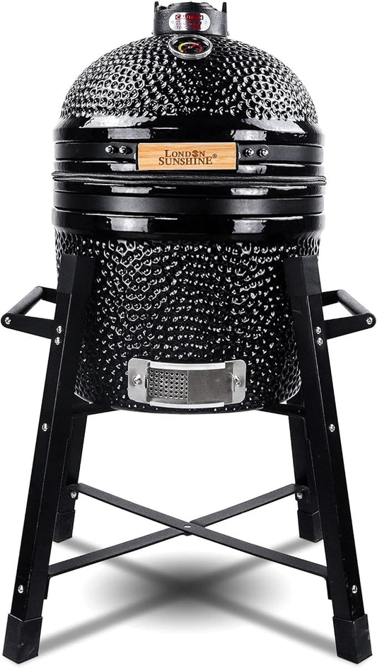 London Sunshine Ceramic Kamado Charcoal BBQ Grill and Smoker, Stainless Steel Grates -15" Ceramic with Tall Stand (BLACK)