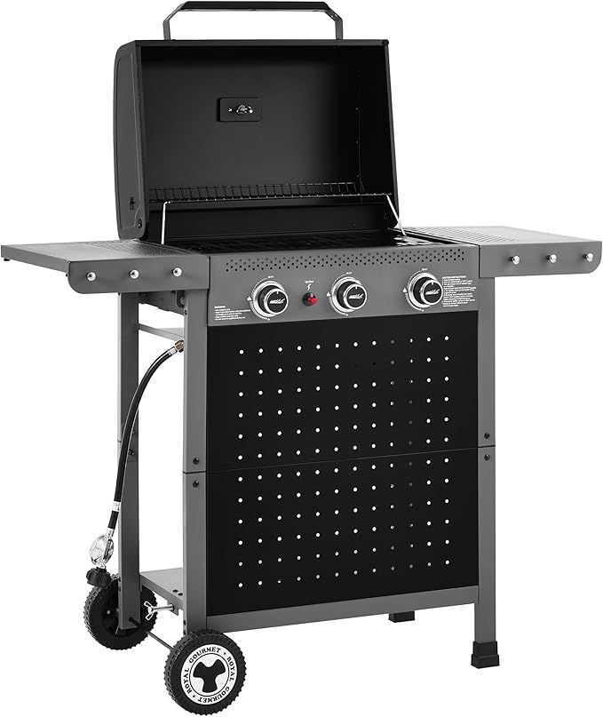 Royal Gourmet GL3001 3-Burner Gas Grill with Pegboard, 420 Sq. In. Cooking Area, 19,500 BTU, Foldable Side Shelves with Hooks, Two Large Wheels, Ideal for Backyard and Patio, Black & Cool Gray