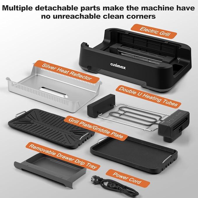Indoor Grill, CUSIMAX Electric Smokeless Grill & Griddle, Black, 1500W | With REPLACEABLE Smoke Filter Sponge/Smart LED Display/Non Stick 2 in 1 Grill & Griddle Plates/Larger Grilling Area