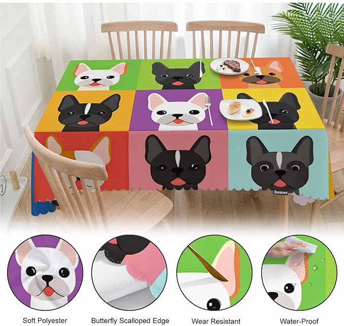 Rectangle Tablecloth French Bulldog, Stain-Resistant Table Cloth Colorful Puppy Bulldog Head Coffee Table Cover 52x70 Inch Tablecloths for Home Canteen Dining Kitchen Outdoor