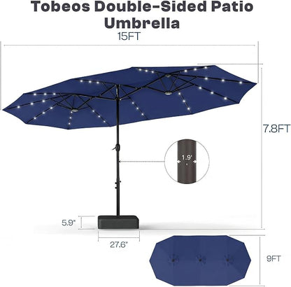 15ft Large Patio Umbrella with Solar Lights and Base, Double-Sided Outdoor Rectangle Umbrella with 48 LED Lights, Market Table Umbrellas with UV Resistant Canopy