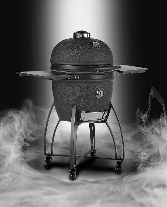 Saffire Carbon Kamado – Large Ceramic Grill and Smoker, 19" Charcoal Grill with Crucible Firebox, Smokin’ Chip Feeder, Two-Piece Heat Deflector, Multi-Grids, Ash Tool – Matte Black