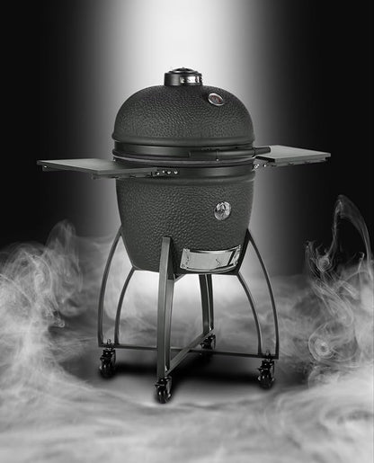 Saffire Carbon Kamado – Large Ceramic Grill and Smoker, 19" Charcoal Grill with Crucible Firebox, Smokin’ Chip Feeder, Two-Piece Heat Deflector, Multi-Grids, Ash Tool – Matte Black