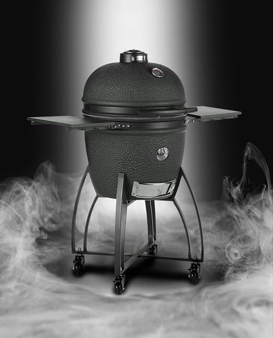 Saffire Carbon Kamado – Large Ceramic Grill and Smoker, 19" Charcoal Grill with Crucible Firebox, Smokin’ Chip Feeder, Two-Piece Heat Deflector, Multi-Grids, Ash Tool – Matte Black