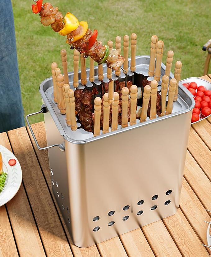 Charcoal Barrel BBQ Grill Stainless Steel BBQ Hanging Stove Camping Barbecue Rack with 26 Skewers Gloves Tongs Grilling Net for Vegetables