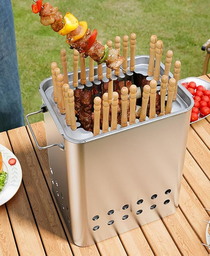 Charcoal Barrel BBQ Grill Stainless Steel BBQ Hanging Stove Camping Barbecue Rack with 26 Skewers Gloves Tongs Grilling Net for Vegetables