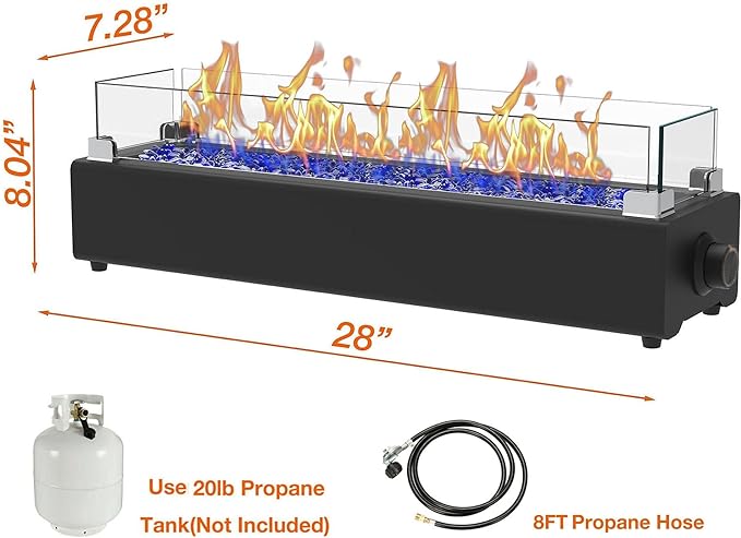 28-inch Table Top Propane Fire Pit, 40,000 BTU Tabletop Firepit for Patio, Outdoor Portable Rectangular Fire Bowl w/Wind Glass Shield, Glass Rocks - Black