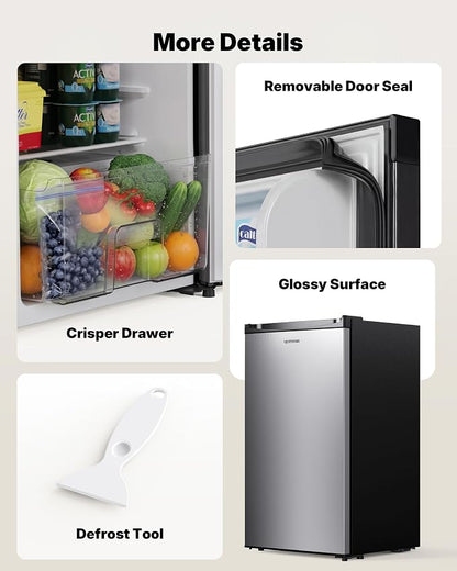 Upstreman 3.2 Cu.Ft Mini Fridge with Freezer, Stainless Steel-SR321 | Adjustable Thermostat, Energy Saving, Low Noise, Reversible Door, Small Refrigerator for Dorm, Bedroom, Office