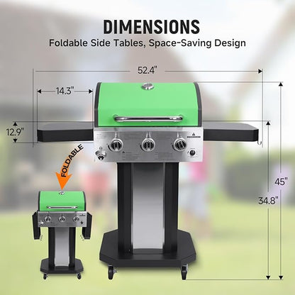 Redlife 3 Burner Propane Gas Grill, 30,000 BTU Outdoor BBQ Grill with Cast Iron Cooking Grates, Stainless Steel Warming Rack, Built-in Thermometer, Side Shelves, Removable Grease Tray, Green