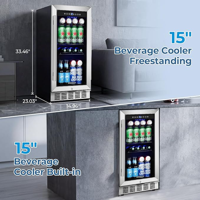 15 Inch Beverage Refrigerator Under Counter, 130 Cans Beverage Fridge Built-in or Freestanding, 15" Drink Cooler with Glass Door, Blue LED Light, Safety Lock - for Home/Kitchen(3.1 cu.ft)