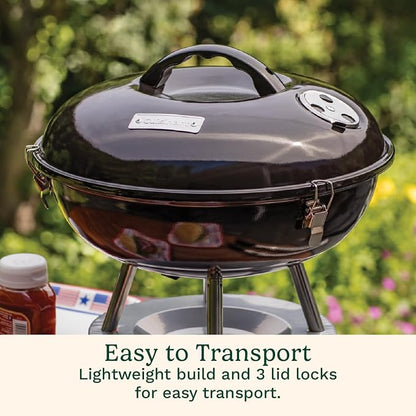 Cuisinart 14" Portable Charcoal Grill, Tabletop Outdoor Small Grill with Locking Lid and Dual Vents, Chrome Plated Travel Size BBQ Perfect for Camping, Tailgates, Cookouts, Black