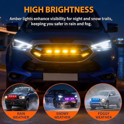 RGB LED Grille Lights 4PCS，Universal Clip-On Car Front，IP66 Atmosphere Exterior Grill Lights Remote APP Control，Compatible with Jeep Wrangler,Ford F150,Dodge Ram 1500,Toyota Tacoma