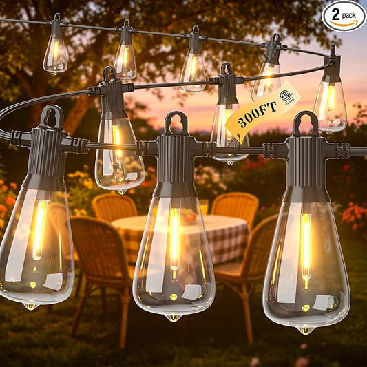 FOOMAN LED Outdoor String Lights, 300FT Outside Waterproof Patio Lights with 146+3 Shatterproof ST38 Edison Bulbs, 2700K Warm White Hanging Light, Dimmable Light for Backyard Porch Gazebo(150FT x 2)