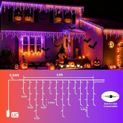 YEGUO 33ft 400 LED Orange and Purple Icicle Halloween Lights, 80 Drops Icicle Lights Connectable, 8 Modes Icicle Christmas Light with Memory Timer