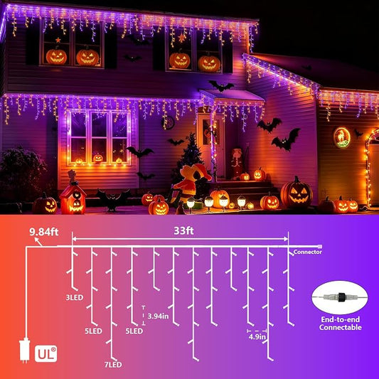 YEGUO 33ft 400 LED Orange and Purple Icicle Halloween Lights, 80 Drops Icicle Lights Connectable, 8 Modes Icicle Christmas Light with Memory Timer