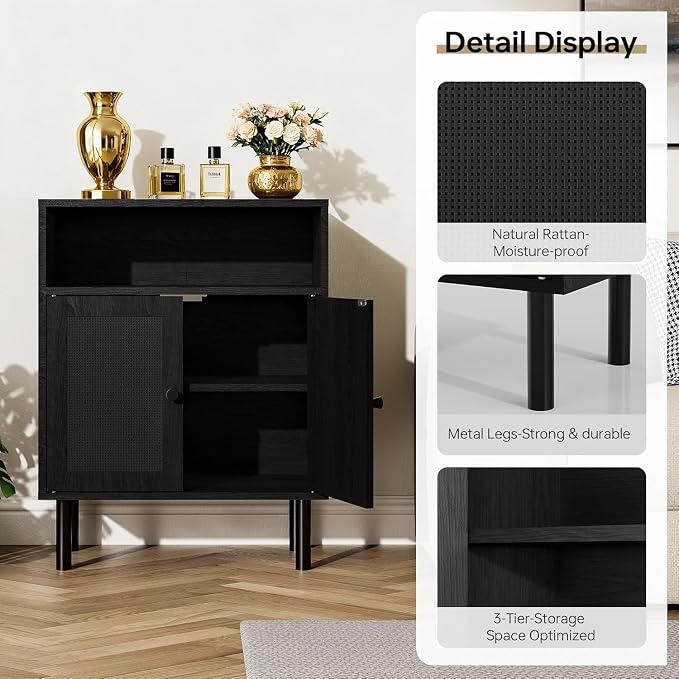 Rattan Storage Cabinet, Boho Accent Cabinet with Double Doors | Small Freestanding Sideboard for Hallway, Laundry Room,Kitchen, Dining Room, Entryway (Black)