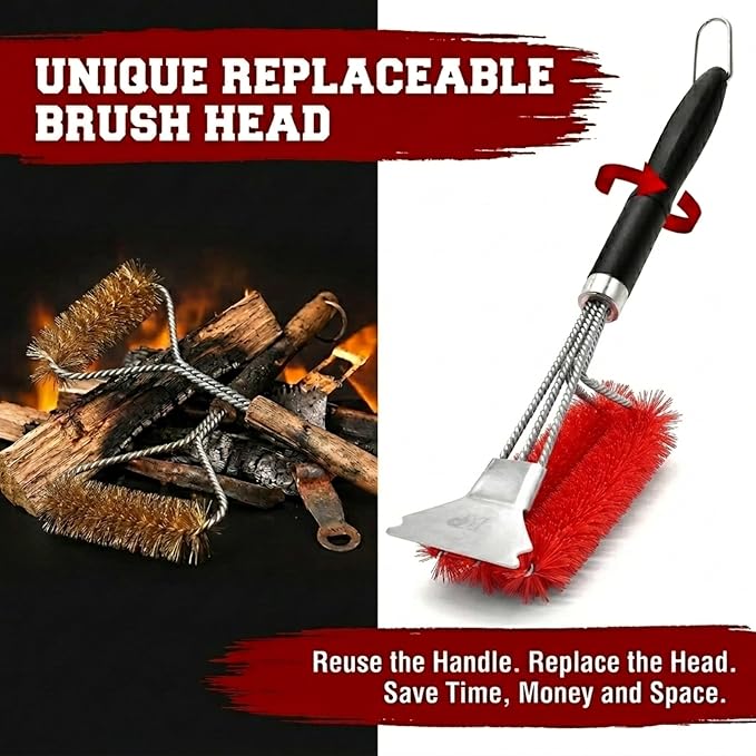 KITCHEN PERFECTION Nylon GrillSaver - Safe BBQ Grill Brush with Replaceable Cleaning Head -Heavy-Duty Grill Cleaner w/Scraper for Porcelain & Ceramic Grates, Includes Magnetic Hanger & Bottle Opener