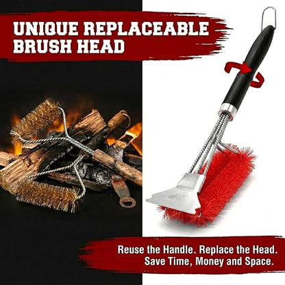 KITCHEN PERFECTION Nylon GrillSaver - Safe BBQ Grill Brush with Replaceable Cleaning Head -Heavy-Duty Grill Cleaner w/Scraper for Porcelain & Ceramic Grates, Includes Magnetic Hanger & Bottle Opener