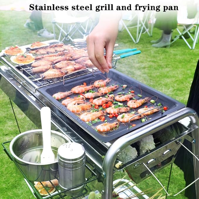 Barbecue Grill Charcoal,Outdoor Portable Stainless Steel Charcoal Grill, Home Barbecue Cooking Tools, with Hanging Basket, Storage Rack (Color : Silver, Size : 67 * 30 * 81cm)