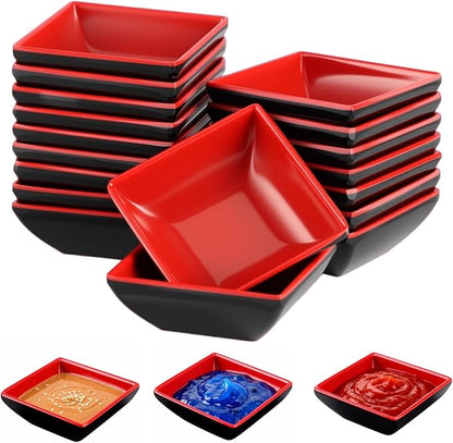 30-Piece Black & Red Square Plastic Dipping Bowl Set, 2.91 in Stackable Soy Sauce Dishes with Square Design for Kitchen & Restaurant, Easy to Clean & Long-Term Use
