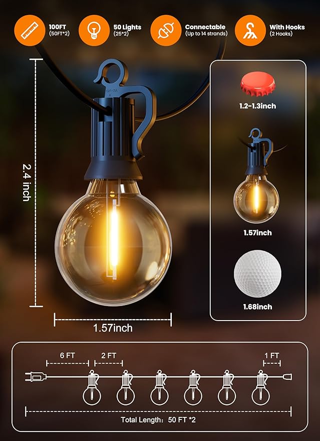 Outdoor String Lights, 100FT 52 LED Bulbs String Lights, IP65 Waterproof Connectable G40 Outside Patio Light for Backyard Porch Balcony Garden Decor Christmas Camping Gazebo