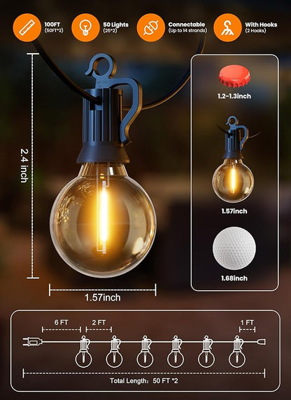 Outdoor String Lights, 100FT 52 LED Bulbs String Lights, IP65 Waterproof Connectable G40 Outside Patio Light for Backyard Porch Balcony Garden Decor Christmas Camping Gazebo