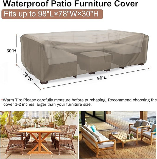 Mrrihand Heavy Duty Patio Furniture Covers, Outdoor Furniture Covers Waterproof Sectional Sofa Set, Patio Table and Chair Set Cover 98" L×78" W×30" H,Brown
