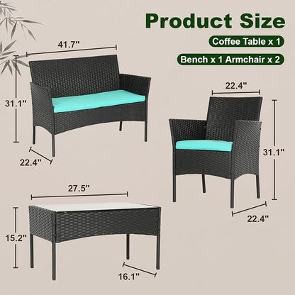 FDW | 4-Piece Patio Furniture Set | Blue | Outdoor Wicker Furniture with Coffee Table | Modern Rattan Chairs Conversation Set | Outdoor Seating | Weather-Resistant | for Porch, Garden, Lawn