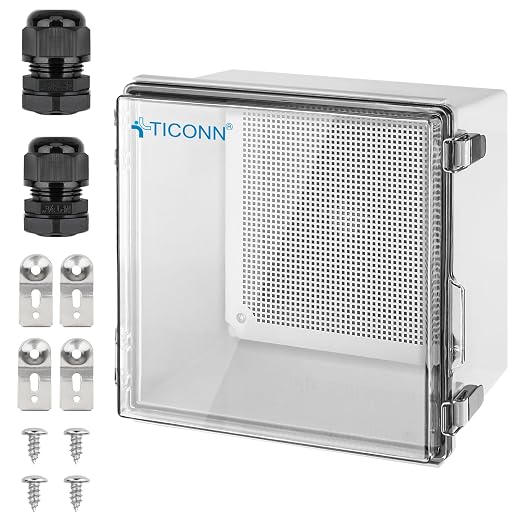 TICONN Outdoor Electrical Box Waterproof, Junction Box IP67 ABS Plastic Enclosure with Hinged Cover with Mounting Plate, Wall Brackets, Cable Glands (Clear, 11.8"x11.8"x7.1")
