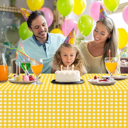 3 Pcs Yellow Gingham Tablecloths, Checkered Party Table Covers 54x108 Inch | Yellow and White Checkered Tablecloths, Disposable Waterproof for Summer Picnic Camping Barbecue Birthday Party