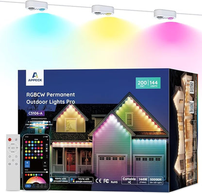 APPECK Permanent Outdoor Lights Pro, 200ft with 144 RGBCW Eaves Lights | Dual Lens, 144W, 80lm, Cuttable, IP67 Waterproof Lighting for Daily and Holiday Decor, Compatible with Alexa, White