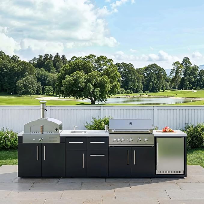 Outdoor Kitchen Island with 4-6-Burner Gas Grill, 304 Stainless Steel BBQ with Refrigerator, Granite Countertops， Sink & Storage Cabinet, Outdoor Cooking Station for Patio, Garden (modle1)