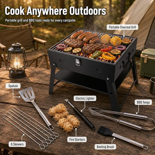 Portable BBQ Charcoal Camping Grill: Tabletop Folding Barbecue Grills with Fire Starter Kit and BBQ Grilling Tool Set, Fathers Day Birthday Grilling Gift for Men Dad Husband
