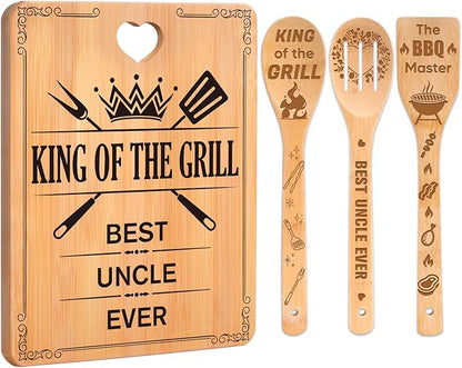 Best Uncle Gifts - "King of The Grill, Best Uncle Ever" Uncle Birthday Gifts Cutting Board Set, Bamboo-Made Engraved Utensil Set, Gifts for Uncle