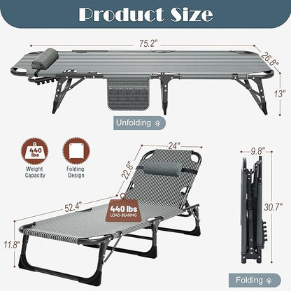 DoCred Heavy Duty Chaise Lounge Chair, Adjustable 5-Position Folding Chaise Lounge Chairs for Outside, Portable Lay Flat Beach Lounge Chair for Outdoor Sunbathing Beach Pool Lawn Camping