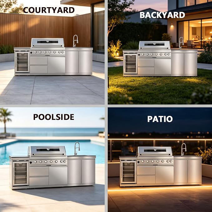 Outdoor Kitchen Island with Gas Grill, Stainless Steel Modular Outdoor Kitchen, Outdoor Grill Station with Refrigerator and Faucet Sink, for Backyard, Patio, Poolside