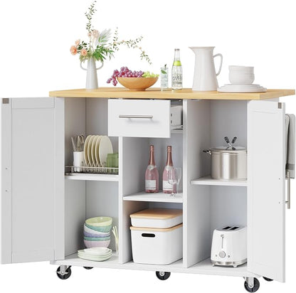 Shintenchi Kitchen Island with Storage, Bar Cart Cabinet Island Table on Wheels, Rolling Microwave Cart for Kitchen with Drop Leaf, Drawers, Towel Rack, Seating Area for Dining Room, White