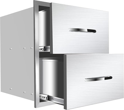 18''W x 15''H x 23''D Outdoor Kitchen Stainless Steel Flush Mount BBQ Double Access Drawers with Handles for Outdoor Kitchens or Patio Grill Station