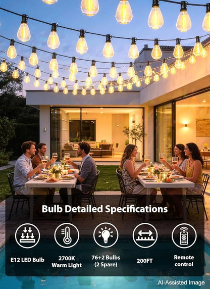 200FT Outdoor String Lights with 76+2 S11 LED Bulbs, Waterproof Dimmable Patio Lights with Remote, Shatterproof E12 Hanging Bistro Lights for Backyard, Porch, Garden, Deck Outdoor Decor