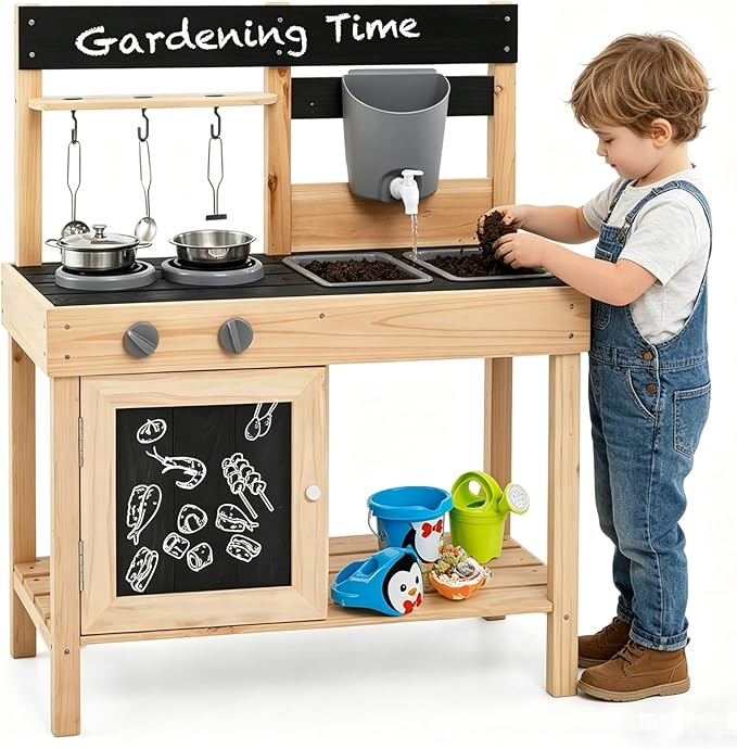 HONEY JOY Fir Wood Outdoor Play Kitchen for Toddlers, Realistic Faucet & Water Tank, Stoves, Sink, Storage Shelf, Outside Kitchen Playset, Mud Kitchen for Kids Outdoor Backyard